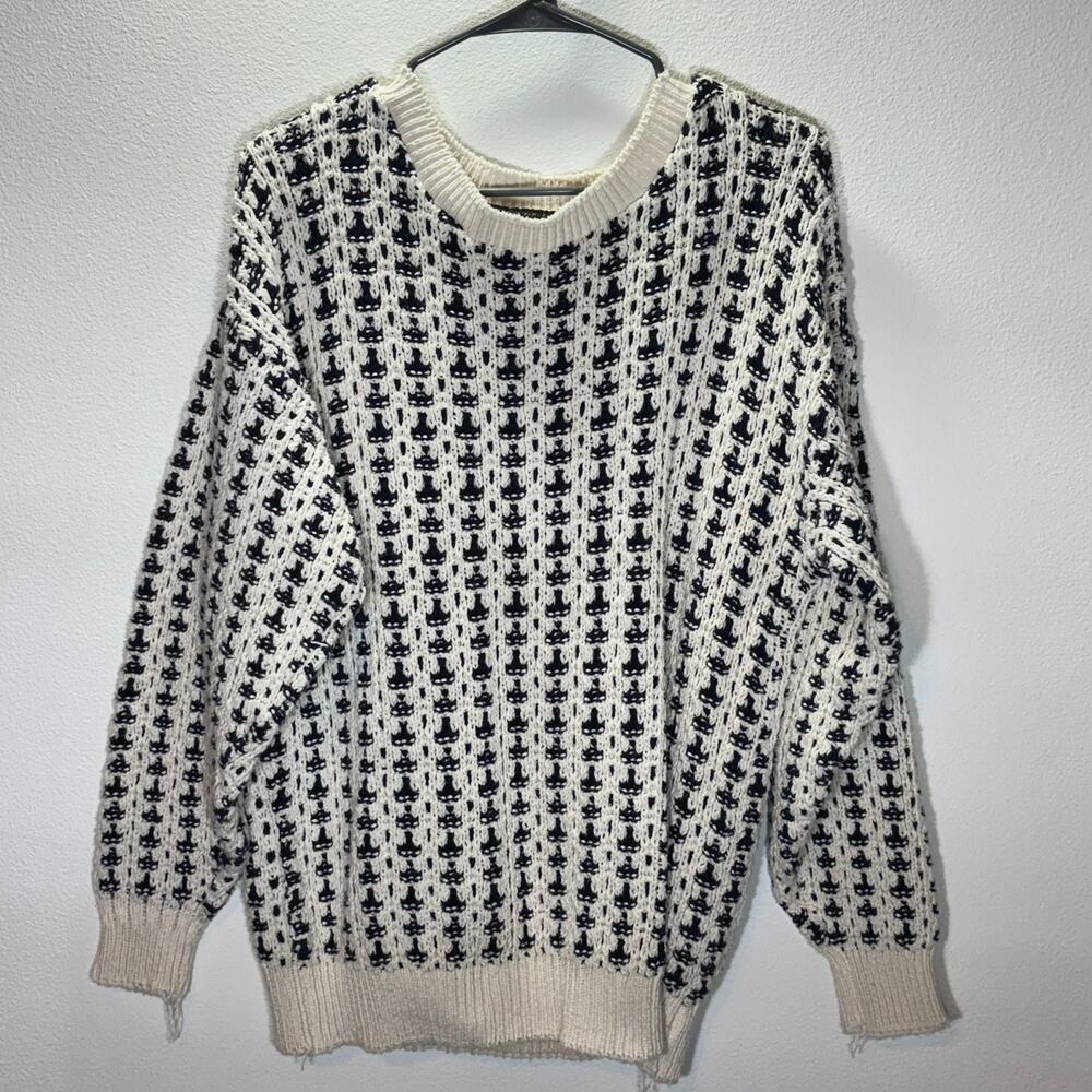 A.J. Michael Vintage Chunky Knit Sweater Navy White Textured Crewneck L USA